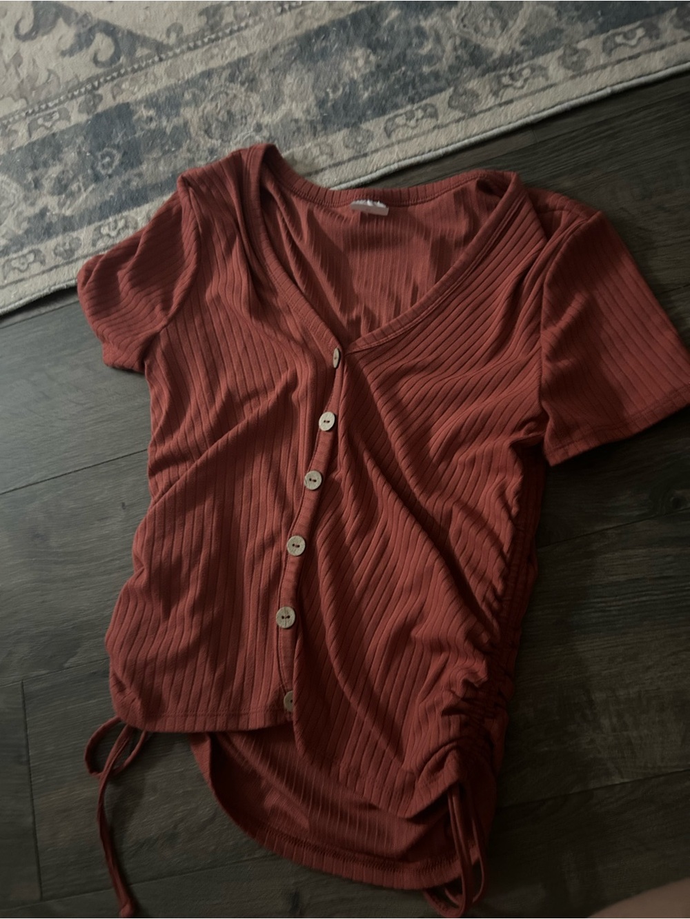 No Boundaries Ribbed Button-Front Top in Rust